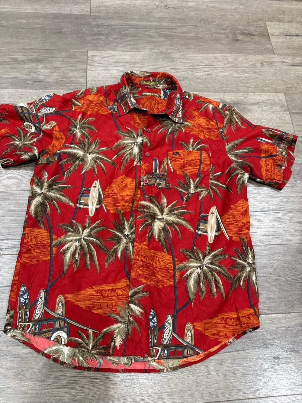 VTG Point Zero Men's Red Tropical Palm Print Short Sleeve Shirt